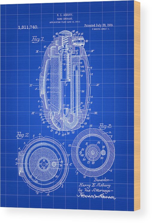 Hand Wood Print featuring the digital art Hand Grenade Patent 1917 - Blue by Stephen Younts