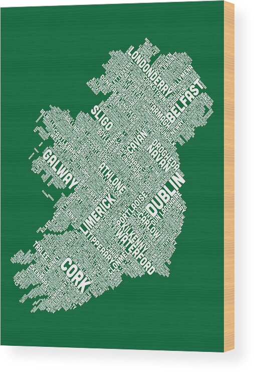 Ireland Map Wood Print featuring the digital art Ireland Eire City Text map #5 by Michael Tompsett