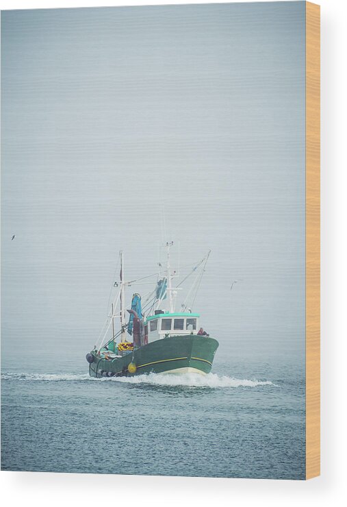 Tranquility Wood Print featuring the photograph A Fishing Boat Coming In From The Mist by Miemo Penttinen - Miemo.net