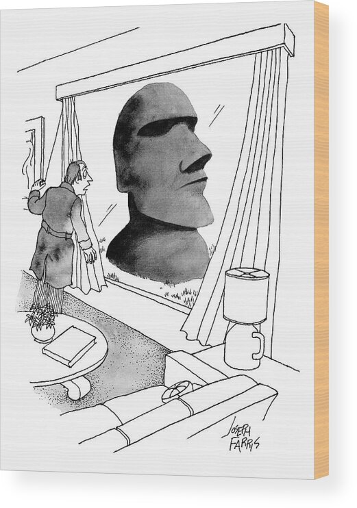 Cctk Wood Print featuring the drawing A Man Looks Out His Living Room Window To See An by Joseph Farris