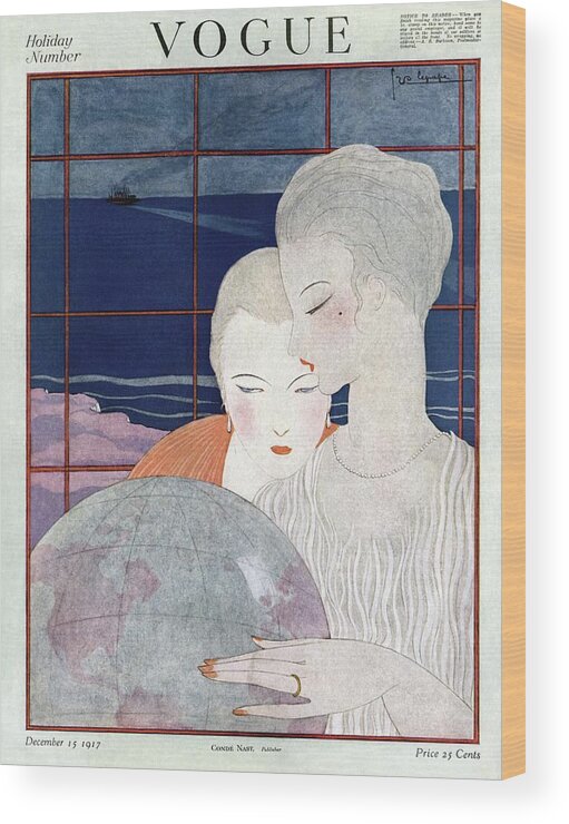 Illustration Wood Print featuring the photograph A Vintage Vogue Magazine Cover Of Two Women by Georges Lepape