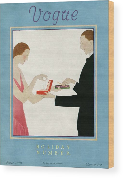 Illustration Wood Print featuring the photograph A Vogue Cover Of A Couple Exchanging Gifts by Andre E. Marty