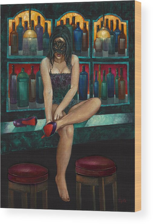 Mask Wood Print featuring the painting About the Shoes by Geraldine Arata