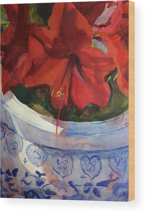 Bright Red Amaryllis Wood Print featuring the painting Amaryllis in Chinese Pot by Judith Scull