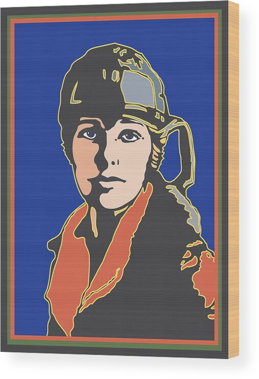Pilot Wood Print featuring the digital art Amelia Earhart Portrait by Linda Ruiz-Lozito