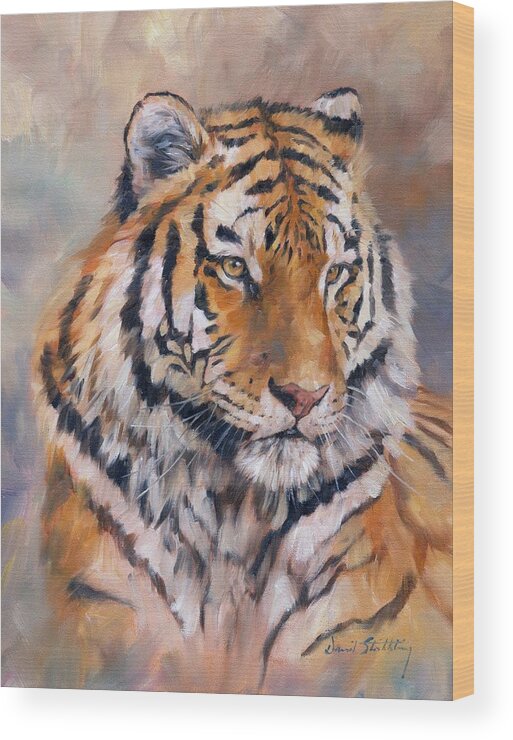 Tiger Wood Print featuring the painting Amur Tiger by David Stribbling