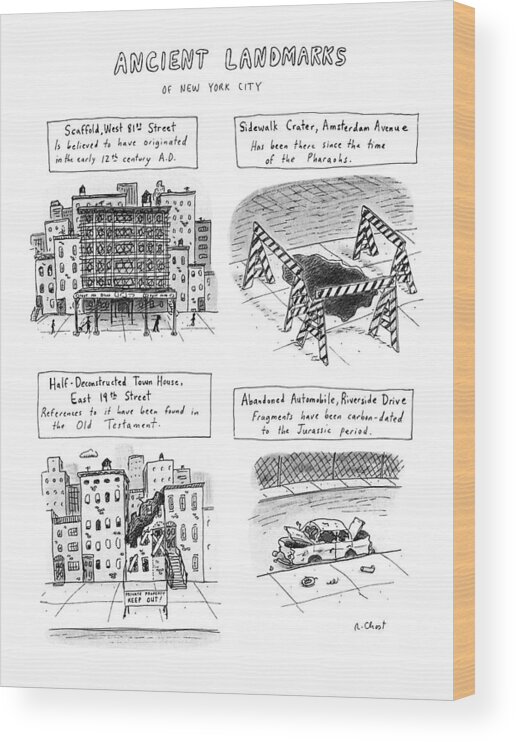 Urban Wood Print featuring the drawing Ancient Landmarks Of New York City by Roz Chast