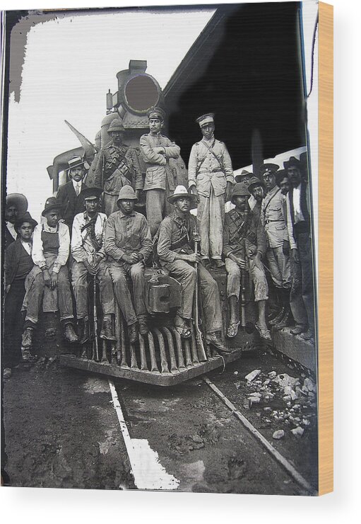 Army Obregonist Revolutionaries On Locomotive Northern Sonora #2 C.1915 Wood Print featuring the photograph Army Obregonist revolutionaries on locomotive northern Sonora #2 c.1915-2013 by David Lee Guss