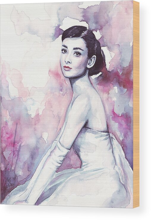 Fashion Watercolor Wood Print featuring the painting Audrey Hepburn Portrait by Olga Shvartsur