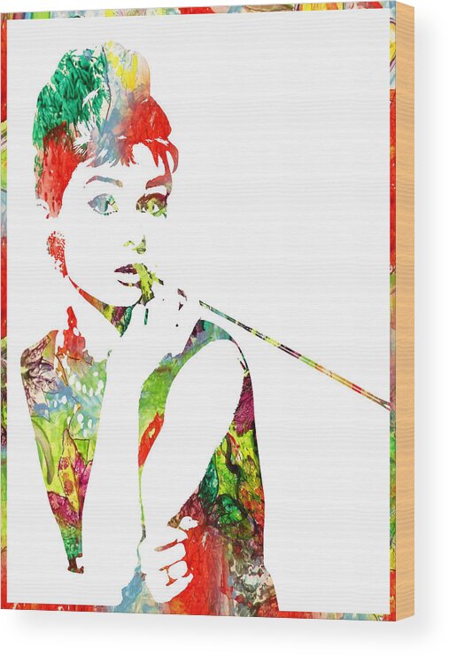 Audrey Hepburn Wood Print featuring the painting Audrey Hepburn - Watercolor by Doc Braham