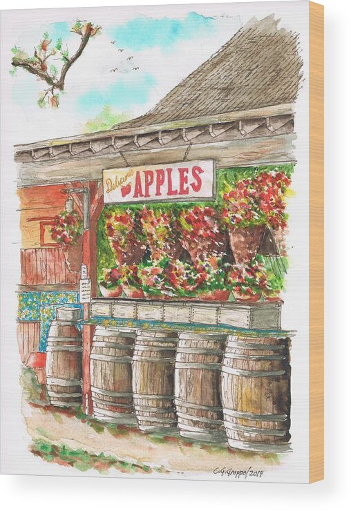Avila Valley Barn Wood Print featuring the painting Avila Valley Barn with Delicious Apples sign in Avila Beach - California by Carlos G Groppa