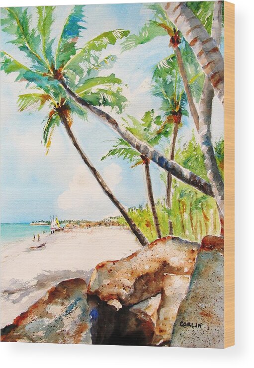 Tropical Beach Wood Print featuring the painting Bavaro Tropical Sandy Beach by Carlin Blahnik CarlinArtWatercolor