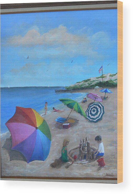 Beach Wood Print featuring the painting Beach Umbrellas by Catherine Hamill