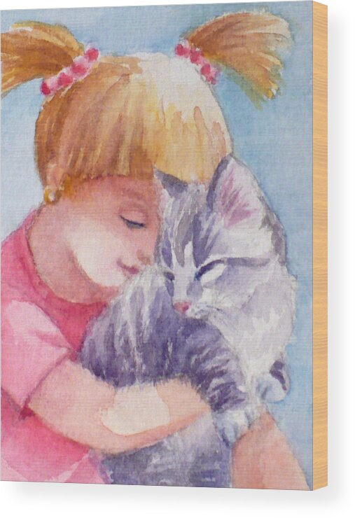 Baby Animal Wood Print featuring the painting Kitten and a Little Girl by Janet Zeh