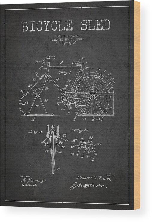 Bike Wood Print featuring the digital art Bicycle Sled Patent Drawing from 1918 - Dark by Aged Pixel