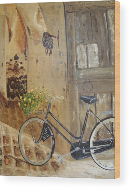 Black Wood Print featuring the painting Black Bicycle by Sunel De Lange