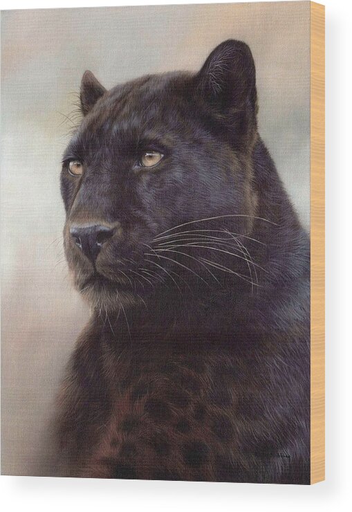 Black Leopard Wood Print featuring the painting Black Leopard Painting by Rachel Stribbling