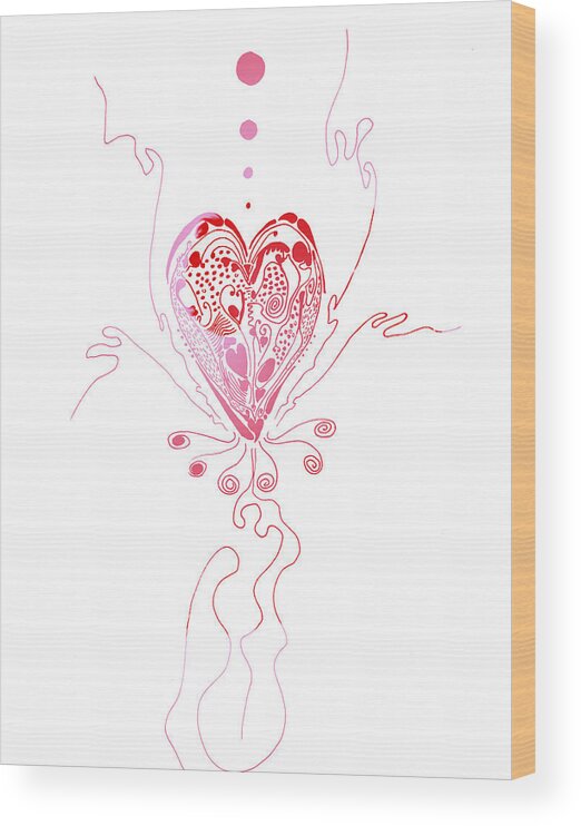 Valentine Wood Print featuring the drawing Blossoming Love pink and red valentine by Regina Valluzzi