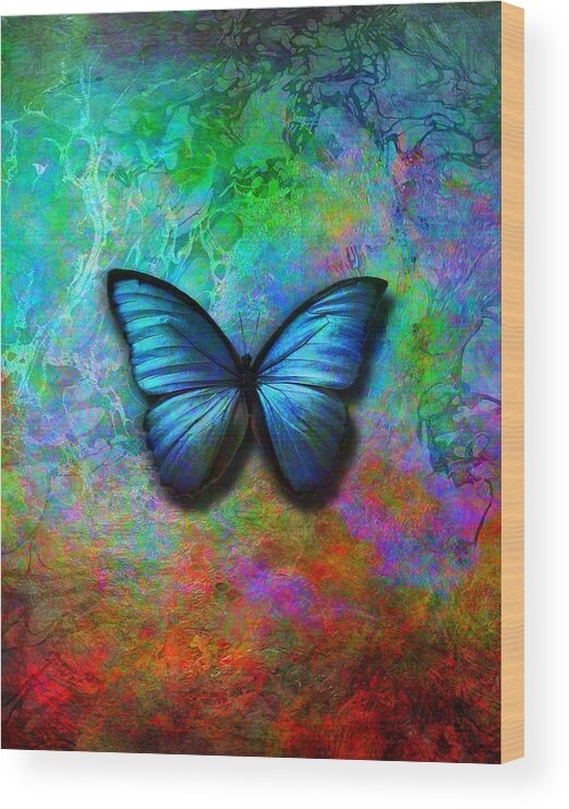 Blue Butterfly Wood Print featuring the digital art Blue Butterfly on colorful background by Lilia S