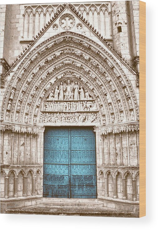 Blue Cathedral Door Wood Print featuring the photograph Blue Cathedral Door Poitiers by Menega Sabidussi