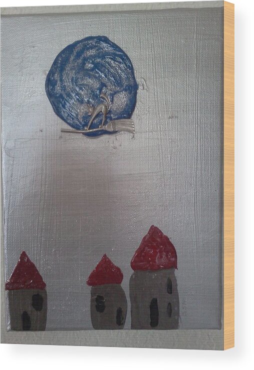 Cat Wood Print featuring the painting Blue Moon Red Roof by Susan Voidets