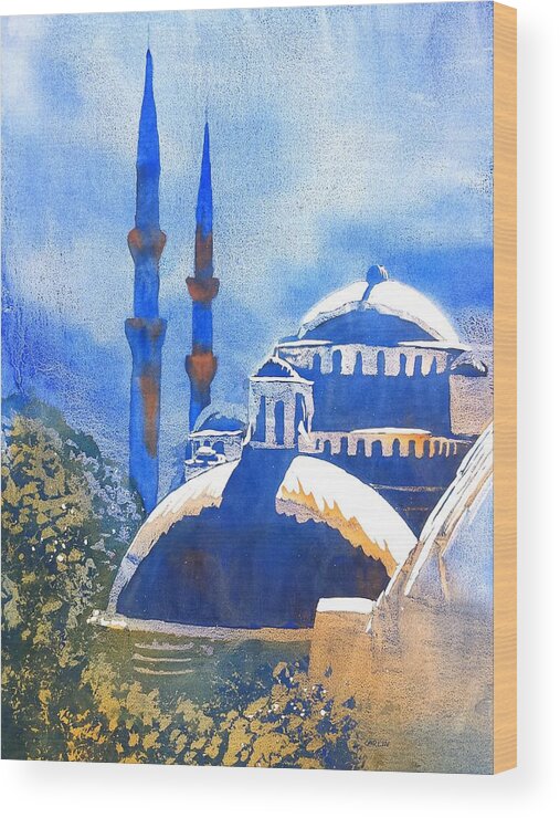 Mosque Wood Print featuring the painting Blue Mosque in Blues by Carlin Blahnik CarlinArtWatercolor