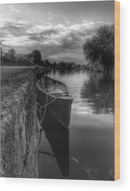 Black And White Wood Print featuring the photograph Boat At The Lock by Christian Smit