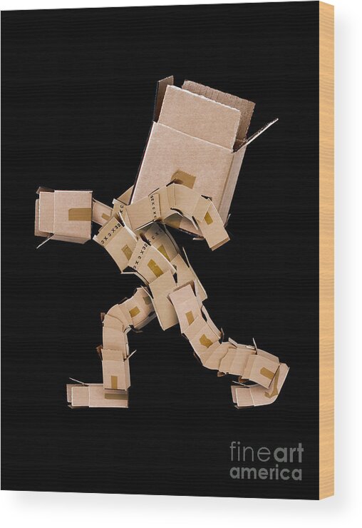 Strength Wood Print featuring the photograph Box character carrying large box by Simon Bratt