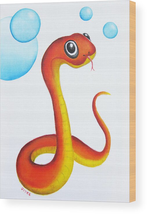 Baby Wood Print featuring the painting Bubbly Baby Snake by Oiyee At Oystudio