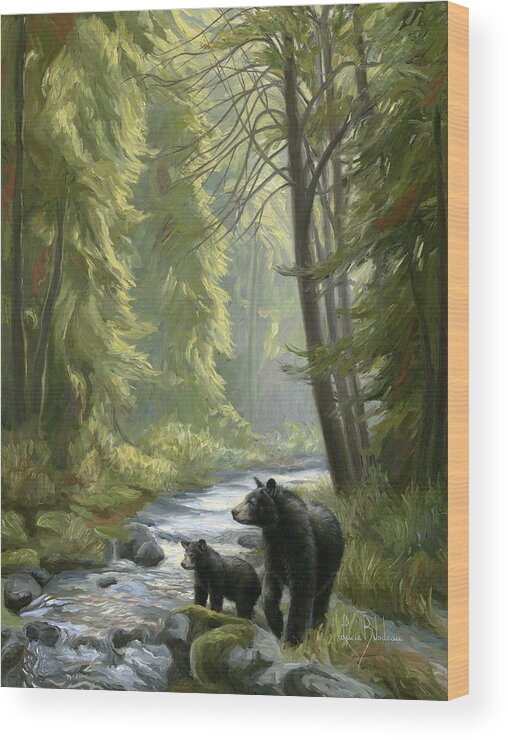 Bear Wood Print featuring the painting By the Stream by Lucie Bilodeau