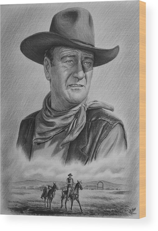 John Wayne Wood Print featuring the drawing Captured bw version by Andrew Read