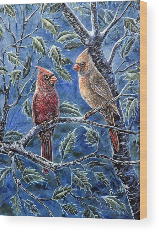 Animal Nature Bird Cardinal Holly Red Blue Green Wood Print featuring the painting Cardinals And Holly by Gail Butler