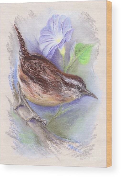 Bird Wood Print featuring the pastel Carolina Wren with Morning Glory by MM Anderson