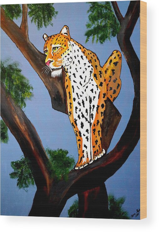 Cat On A Hot Wood Tree Wood Print featuring the painting Cat On A Hot Wood Tree by Nora Shepley