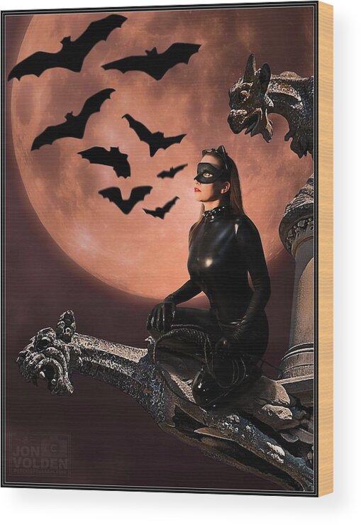 Cat Woman Wood Print featuring the painting Cat vs Bat by Jon Volden