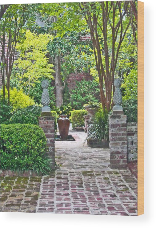 Charleston Wood Print featuring the photograph Charleston Welcome courtyard by Deborah Ferree
