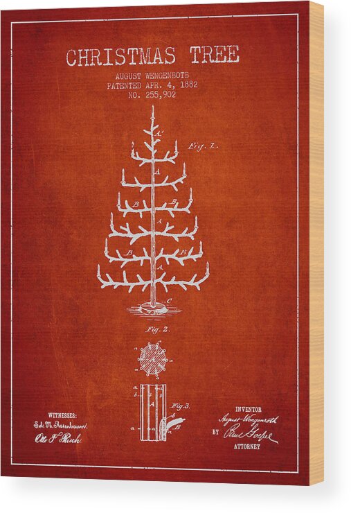 Christmas Tree Wood Print featuring the digital art Christmas Tree Patent from 1882 - Red by Aged Pixel