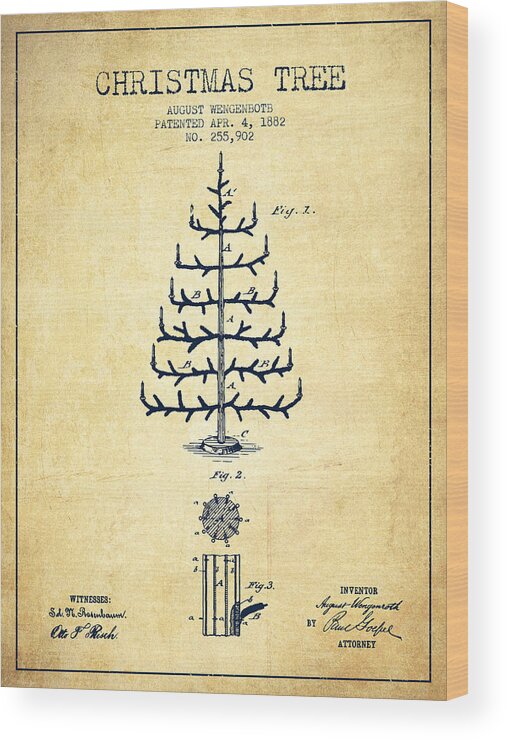 Christmas Tree Wood Print featuring the digital art Christmas Tree Patent from 1882 - Vintage by Aged Pixel