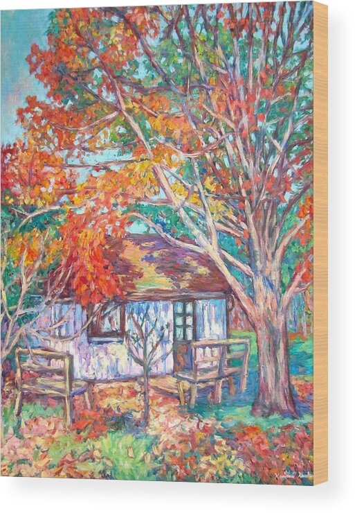Claytor Lake Wood Print featuring the painting Claytor Lake Cabin in Fall by Kendall Kessler