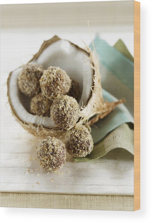 Temptation Wood Print featuring the photograph Coconut-dark Chocolate Truffles by Carin Krasner