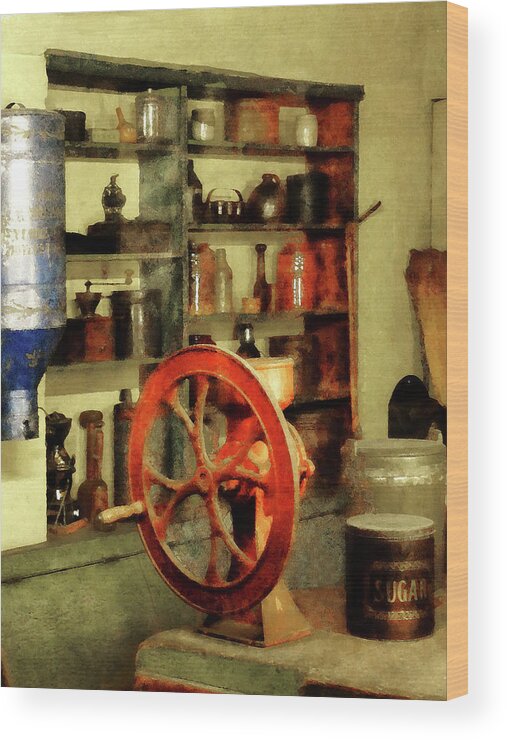 Coffee Grinder Wood Print featuring the photograph Coffee Grinder And Canister Of Sugar by Susan Savad