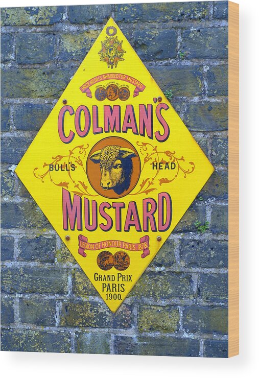 Colmans Wood Print featuring the photograph Colmans Mustard Bulls Head Sign by Gordon James
