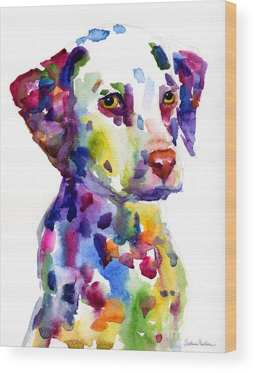 Dalmatian Wood Print featuring the painting Colorful Dalmatian puppy dog portrait art by Svetlana Novikova