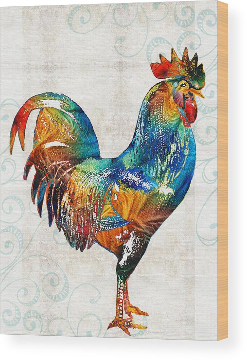 Rooster Wood Print featuring the painting Colorful Rooster Art by Sharon Cummings by Sharon Cummings