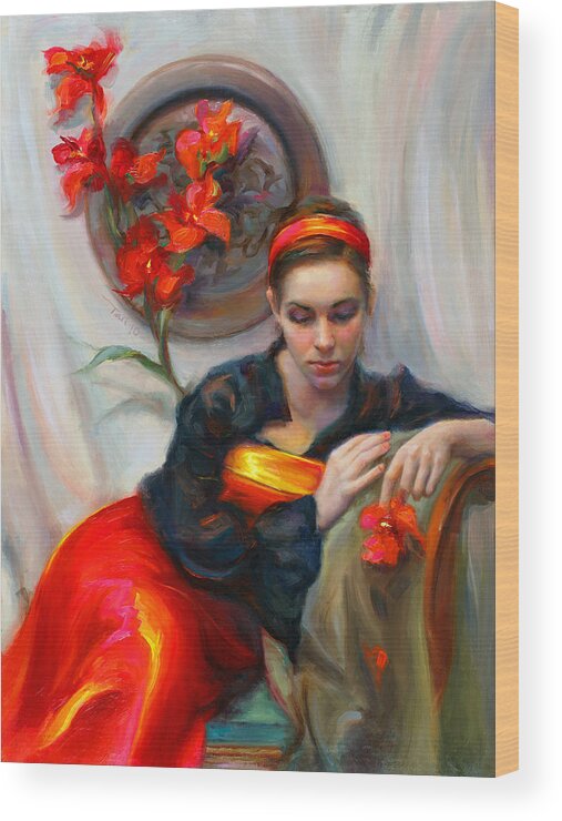 Talya Wood Print featuring the painting Common Threads - Divine Feminine in silk red dress by Talya Johnson