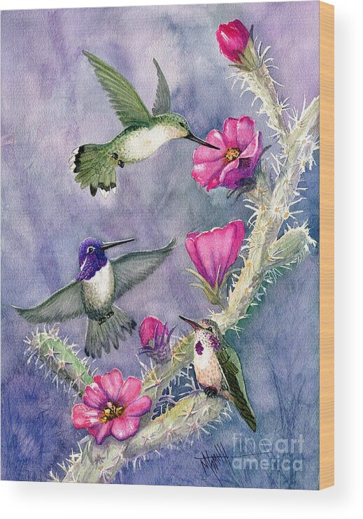 Hummingbirds Wood Print featuring the painting Costa Hummingbird Family by Marilyn Smith