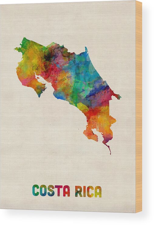 Map Art Wood Print featuring the digital art Costa Rica Watercolor Map by Michael Tompsett