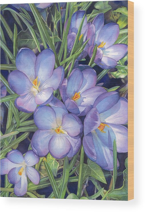 Crocus Wood Print featuring the painting Crocuses by Sandy Haight