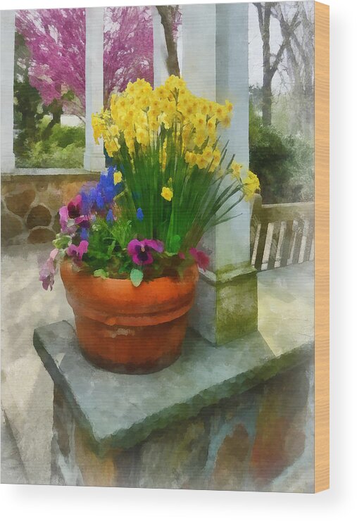 Flower Wood Print featuring the photograph Daffodils and Pansies in Flowerpot by Susan Savad