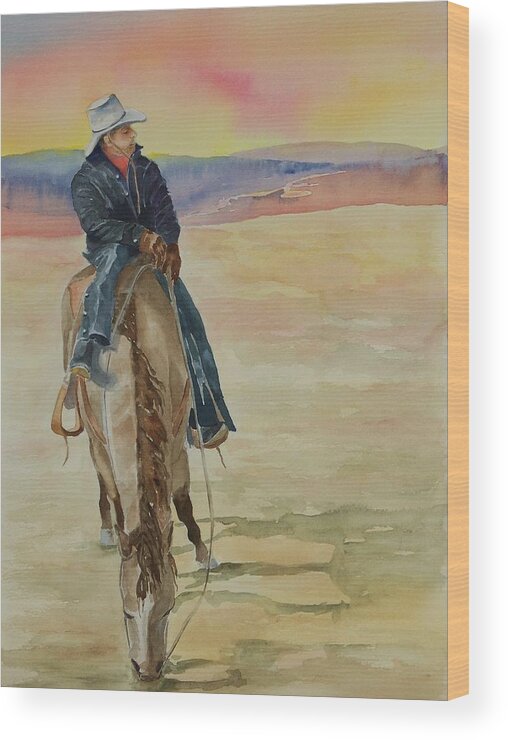 Cowboy Wood Print featuring the painting Day's End by Celene Terry